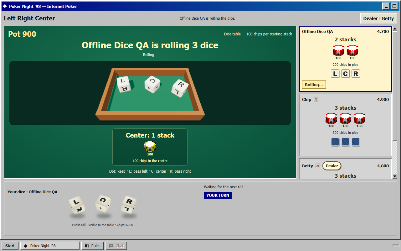 Left Right Center dice in the classic game interface. Open screenshot.