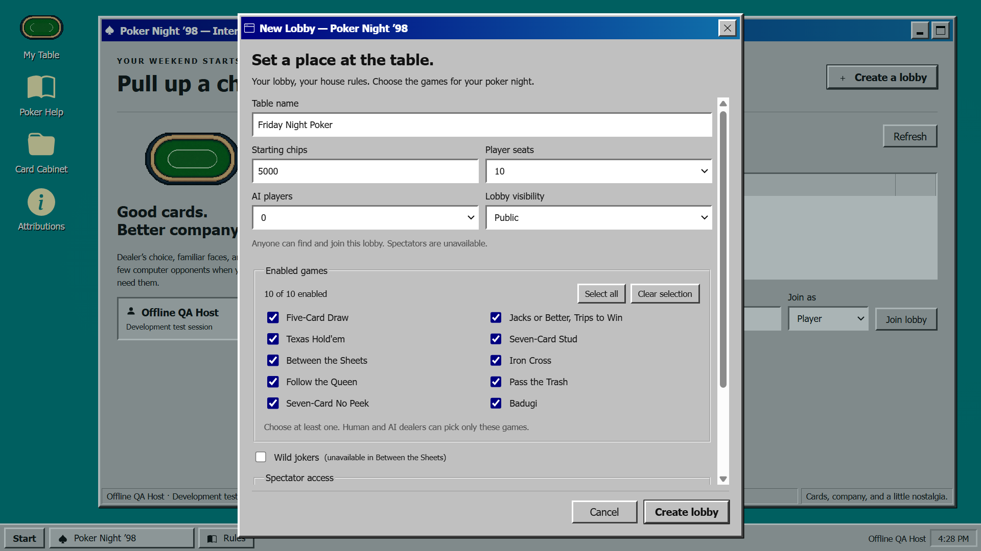 The classic desktop lobby creation window. Open screenshot.