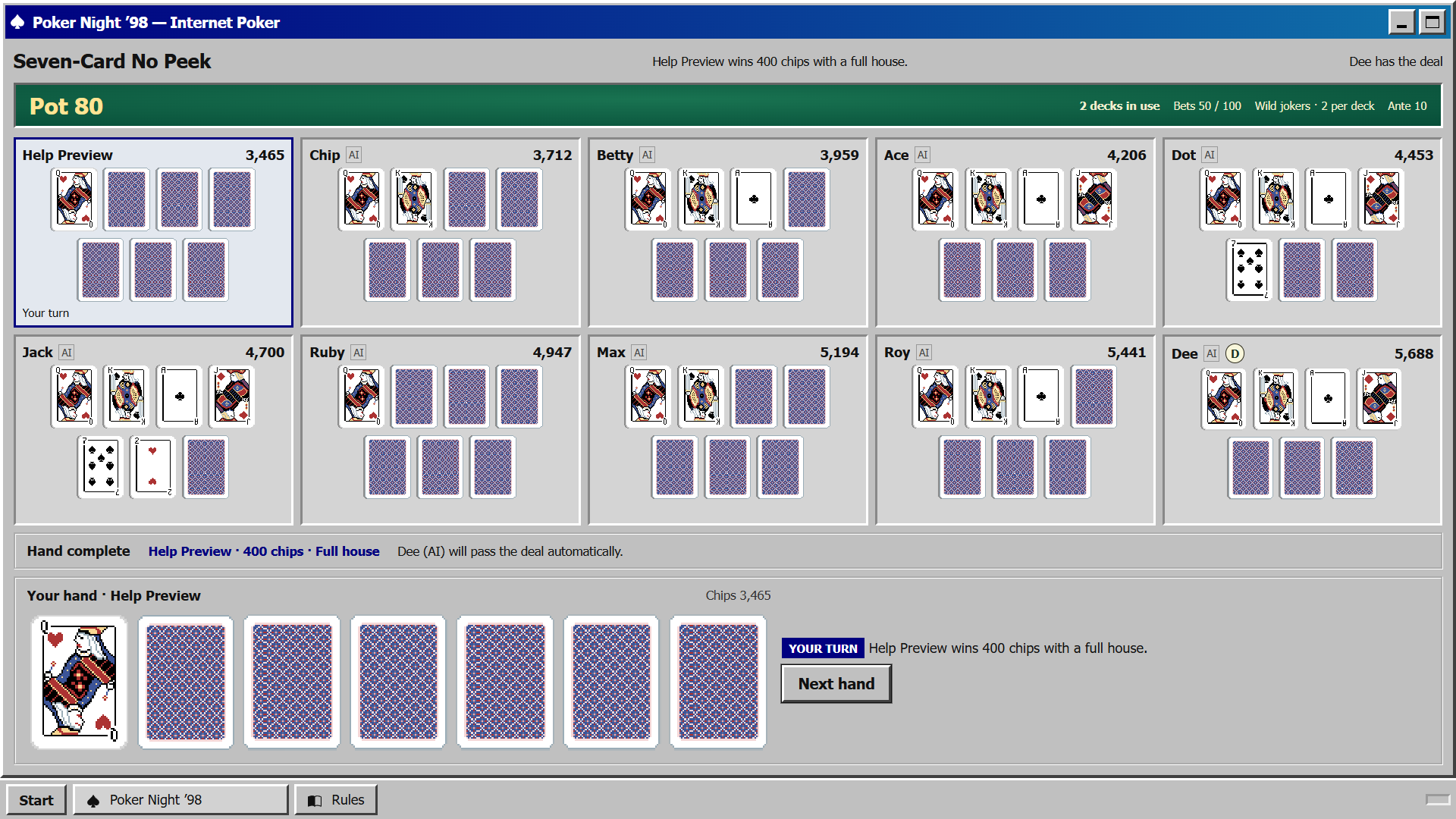 Seven-Card No Peek in the classic game layout. Click to enlarge.